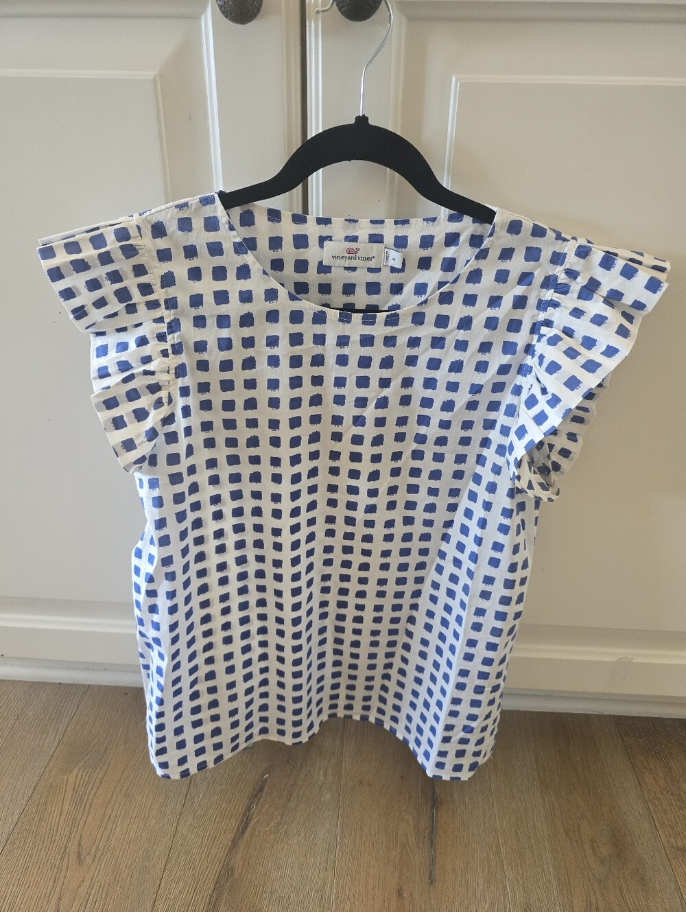 Vineyard Vines White Top with Blue Grid Ruffle Sleeves